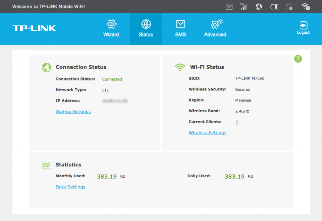 TP-LINK M7350 WebUI home.