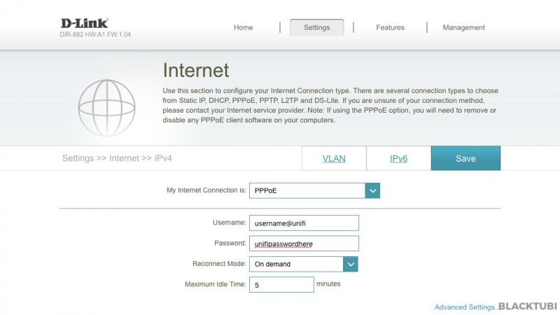 Click VLAN after inserting your PPPOE username and password