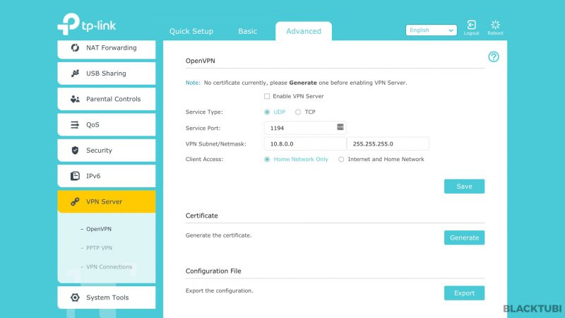 Built in OpenVPN server though we prefer if it has a VPN client.