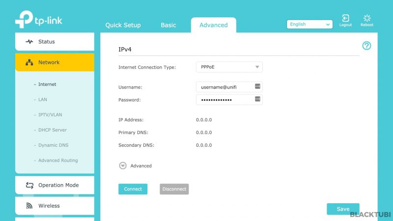 Also, please remember to use PPPOE with your Unifi username and password.