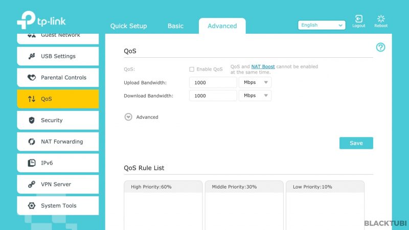 NAT Boost will need to be disabled for QoS to work. We do not recommend using QoS.