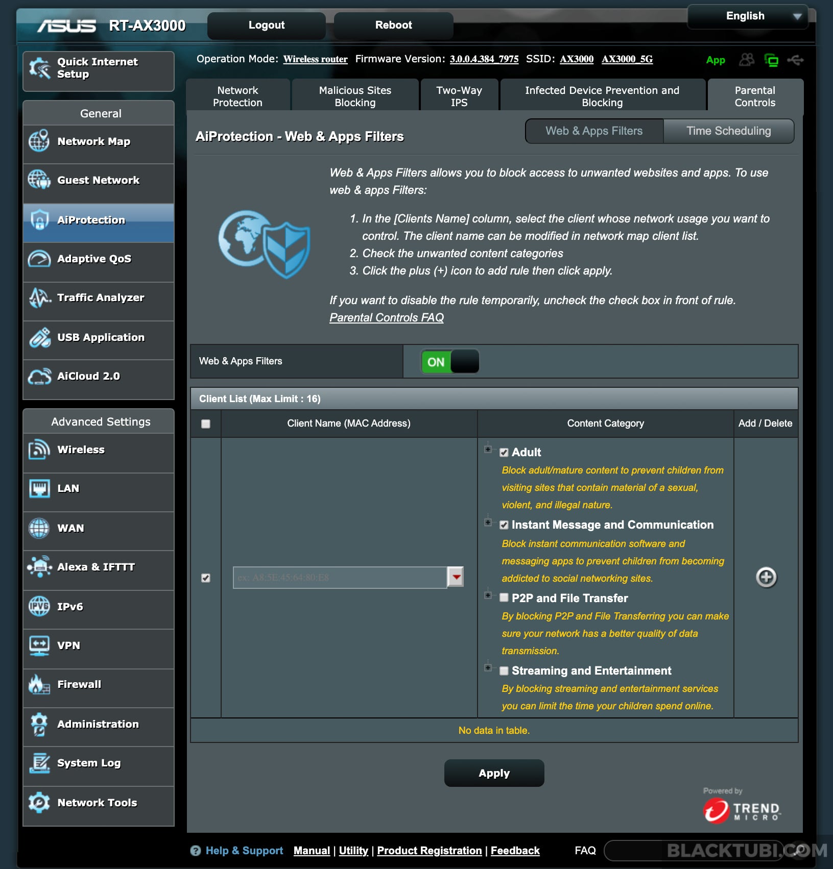 ASUS WiFi-6 Router RT-AX3000 1Gbps Broadband